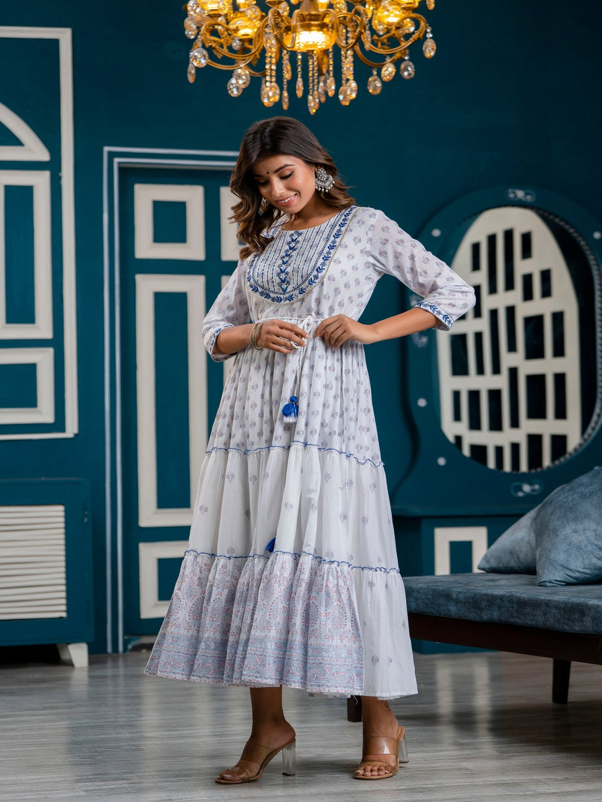 Rangvastra Blue Printed Malmal Long Gown