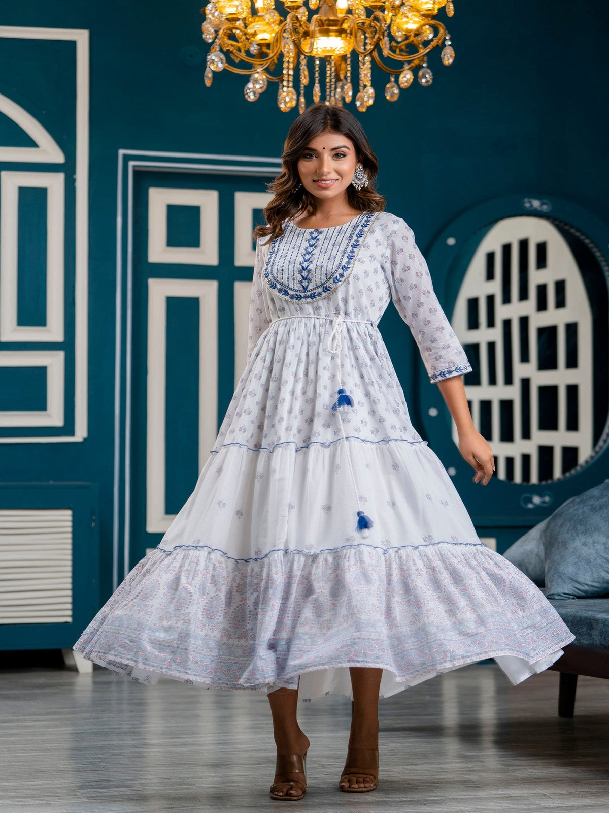 Rangvastra Blue Printed Malmal Long Gown