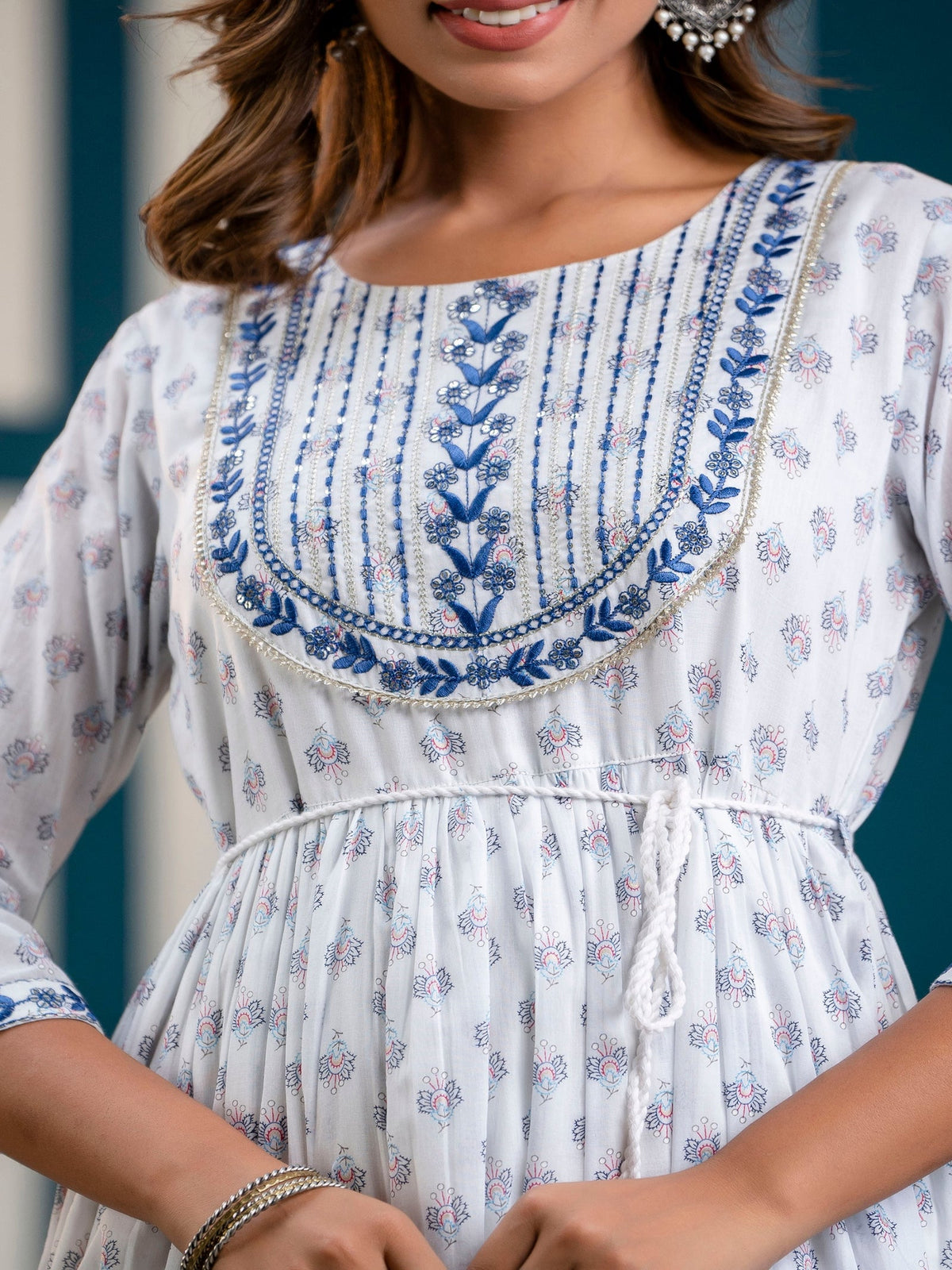 Rangvastra Blue Printed Malmal Long Gown