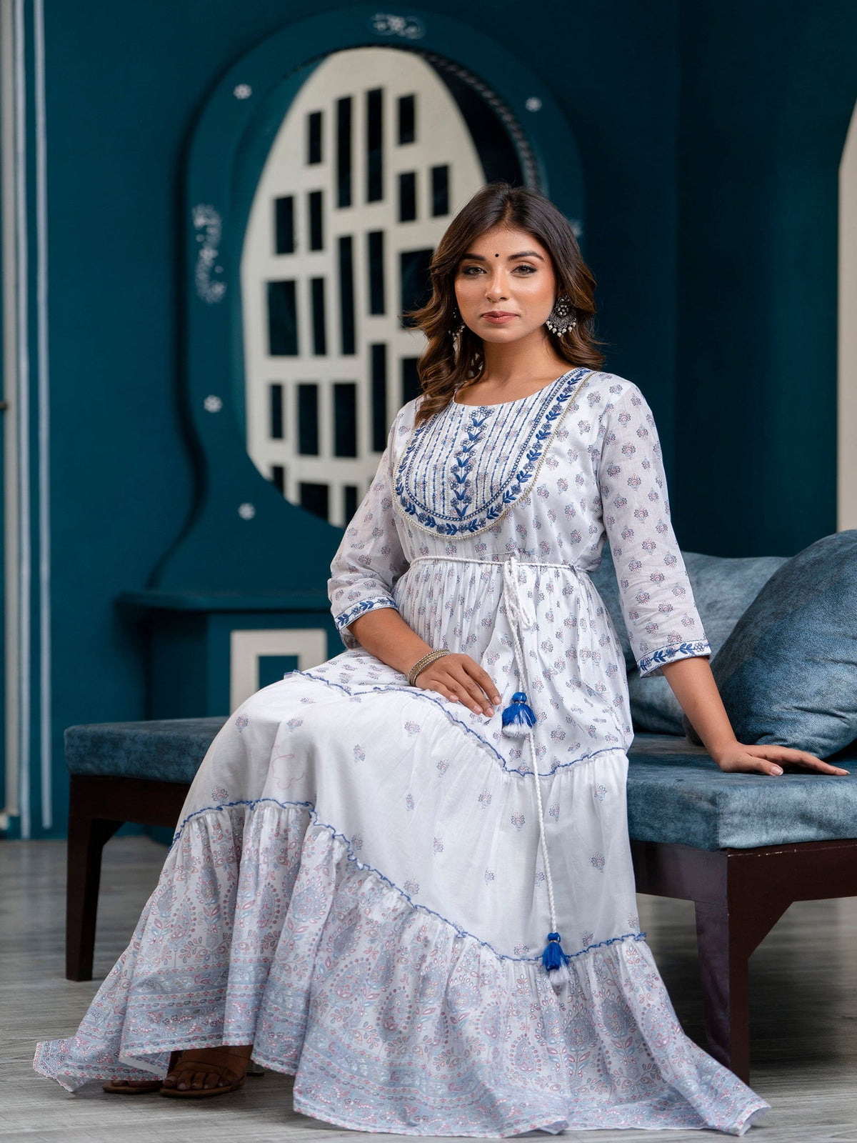 Rangvastra Blue Printed Malmal Long Gown