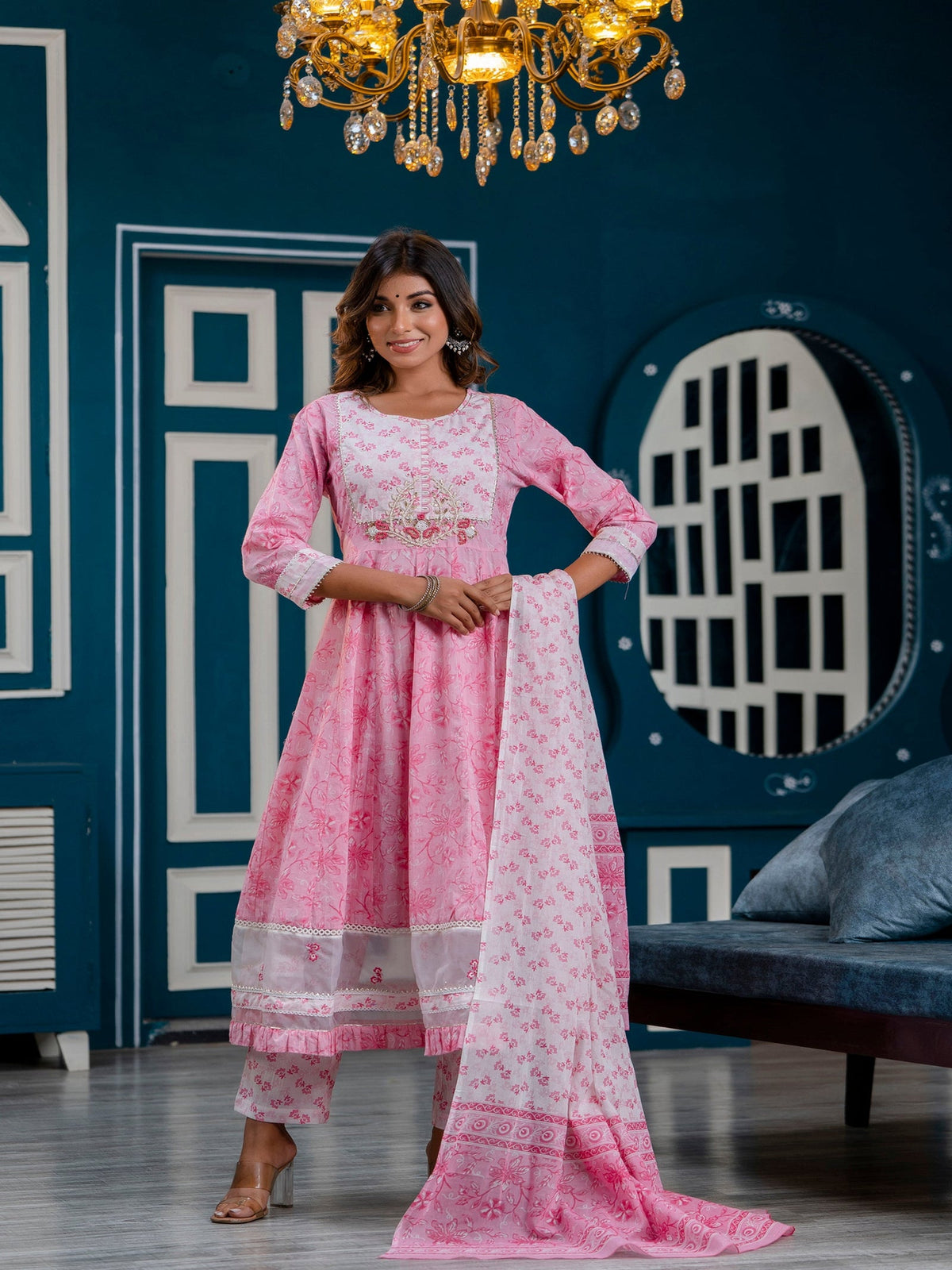 Rangvastra Pink Cotton Printed Kurta Pant Dupatta Set