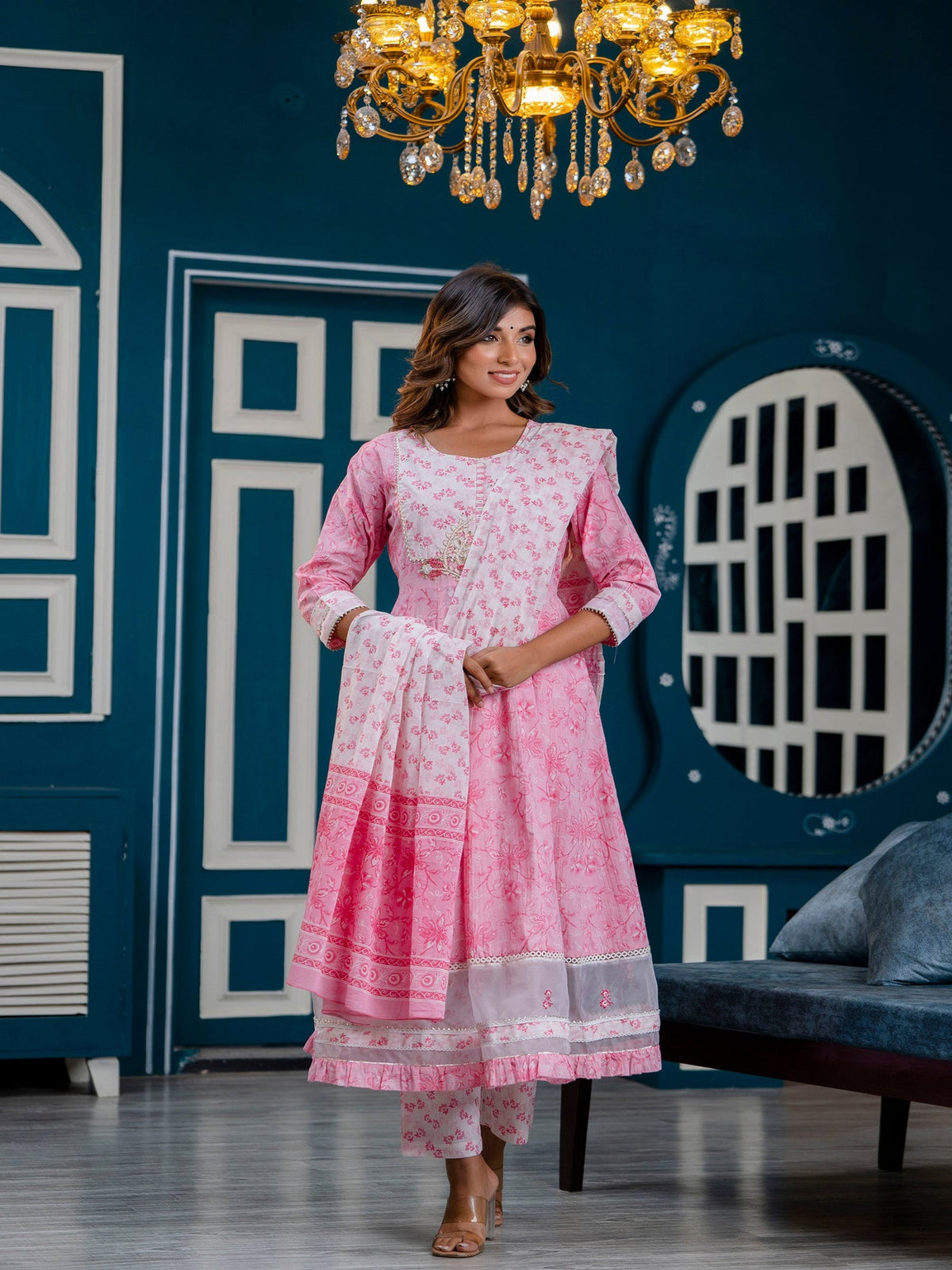 Rangvastra Pink Cotton Printed Kurta Pant Dupatta Set