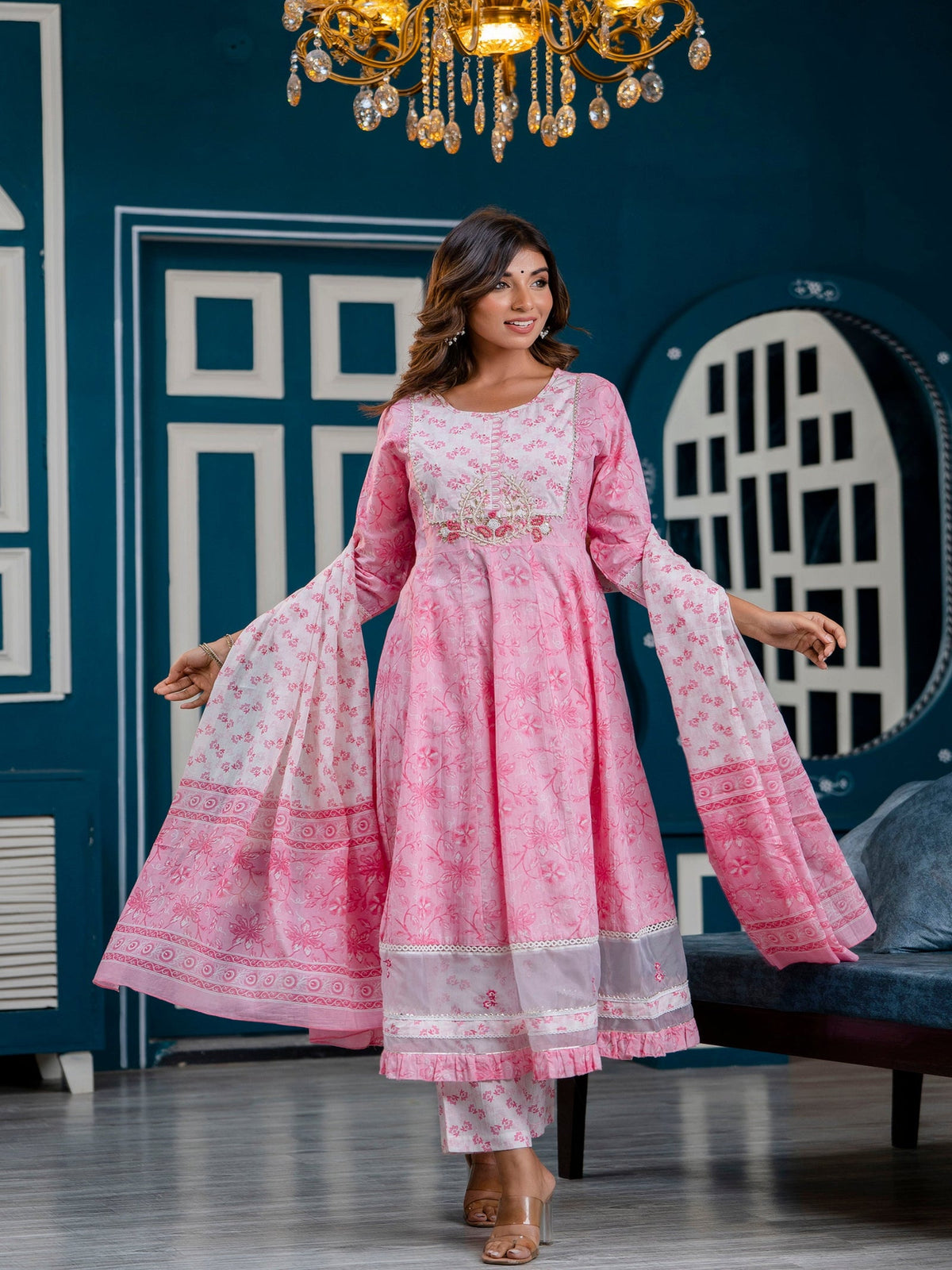 Rangvastra Pink Cotton Printed Kurta Pant Dupatta Set