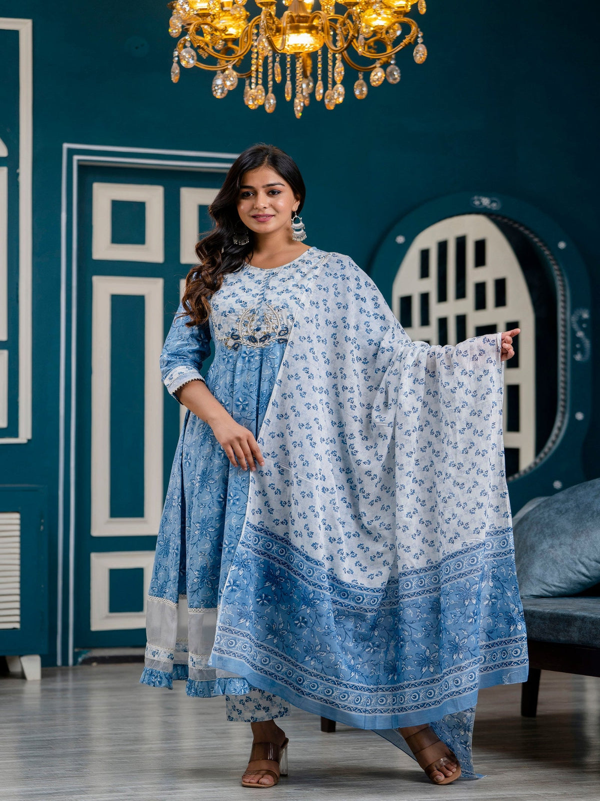 Rangvastra Blue Cotton Printed Kurta Pant Dupatta Set