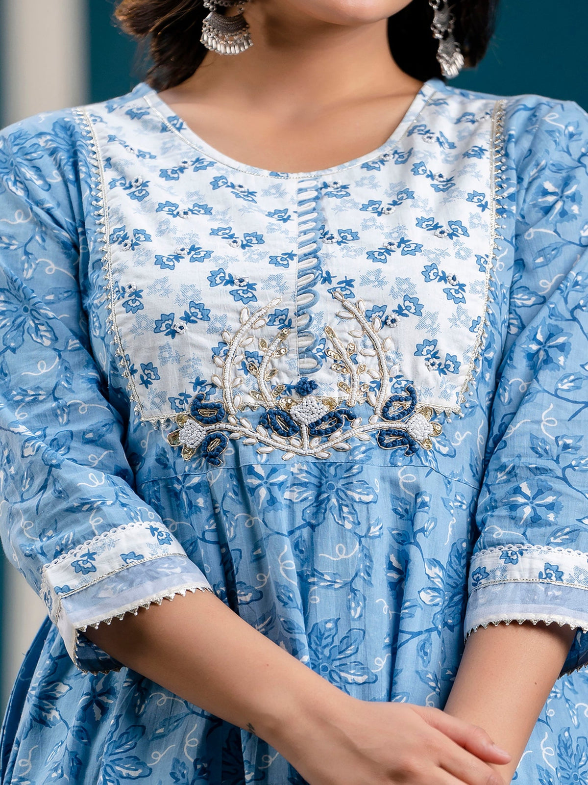 Rangvastra Blue Cotton Printed Kurta Pant Dupatta Set