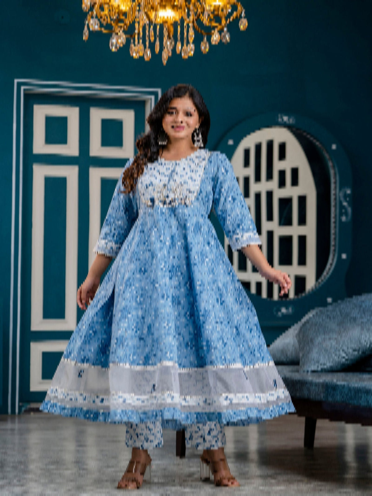 Rangvastra Blue Cotton Printed Kurta Pant Dupatta Set