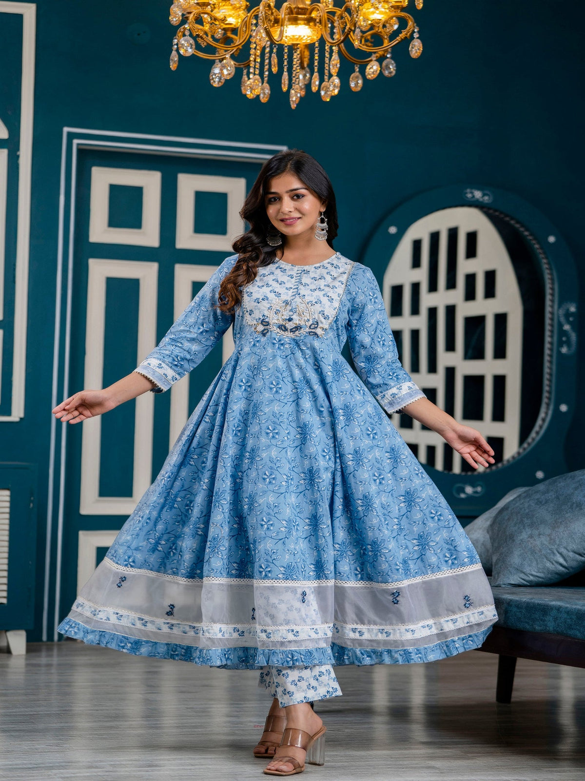 Rangvastra Blue Cotton Printed Kurta Pant Dupatta Set