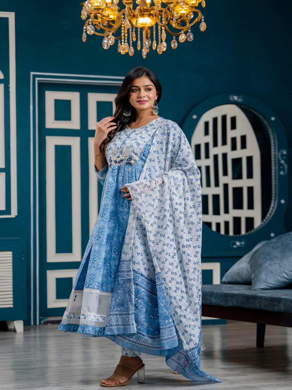 Rangvastra Blue Cotton Printed Kurta Pant Dupatta Set