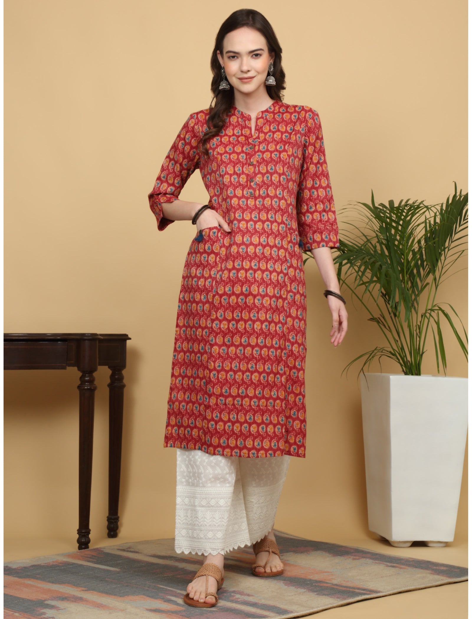 Maluka Women Cotton Kantha Paisley Printed With Tassel Straight Work