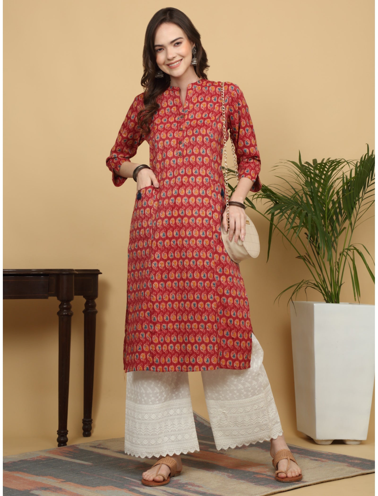 Maluka Women Cotton Kantha Paisley Printed With Tassel Straight Work