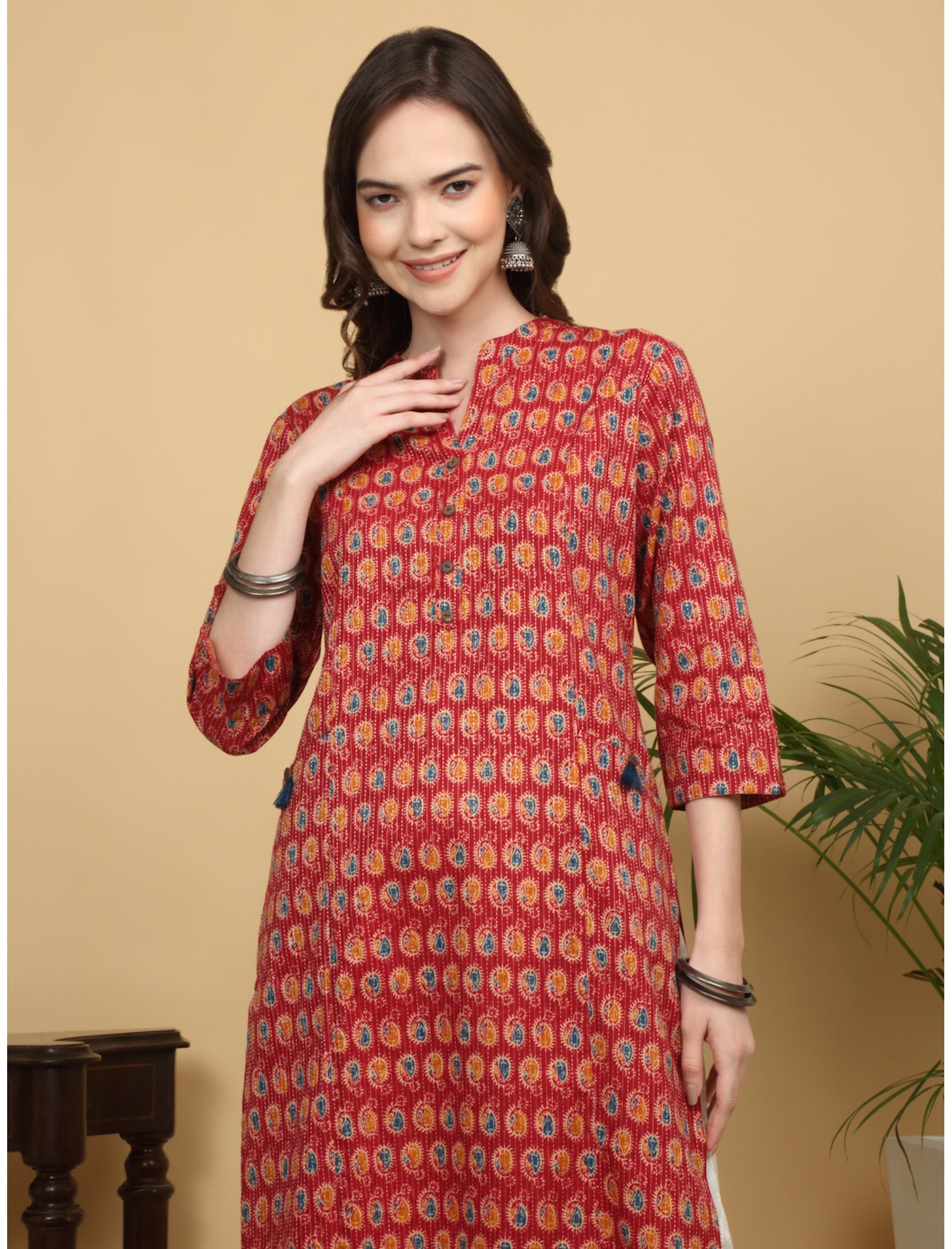 Maluka Women Cotton Kantha Paisley Printed With Tassel Straight Work