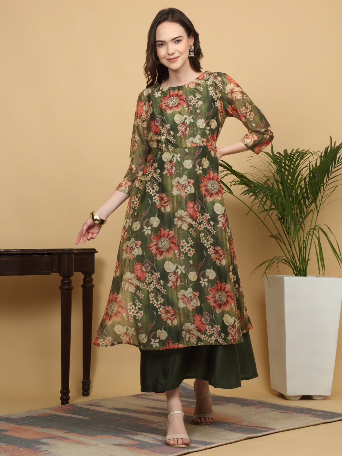 Rangvastra Green Floral Print Ankle Length Kurta Set with Dupatta