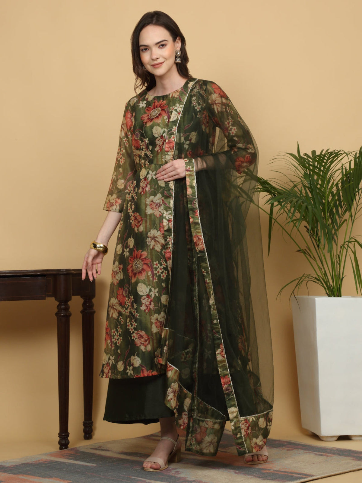 Rangvastra Green Floral Print Ankle Length Kurta Set with Dupatta