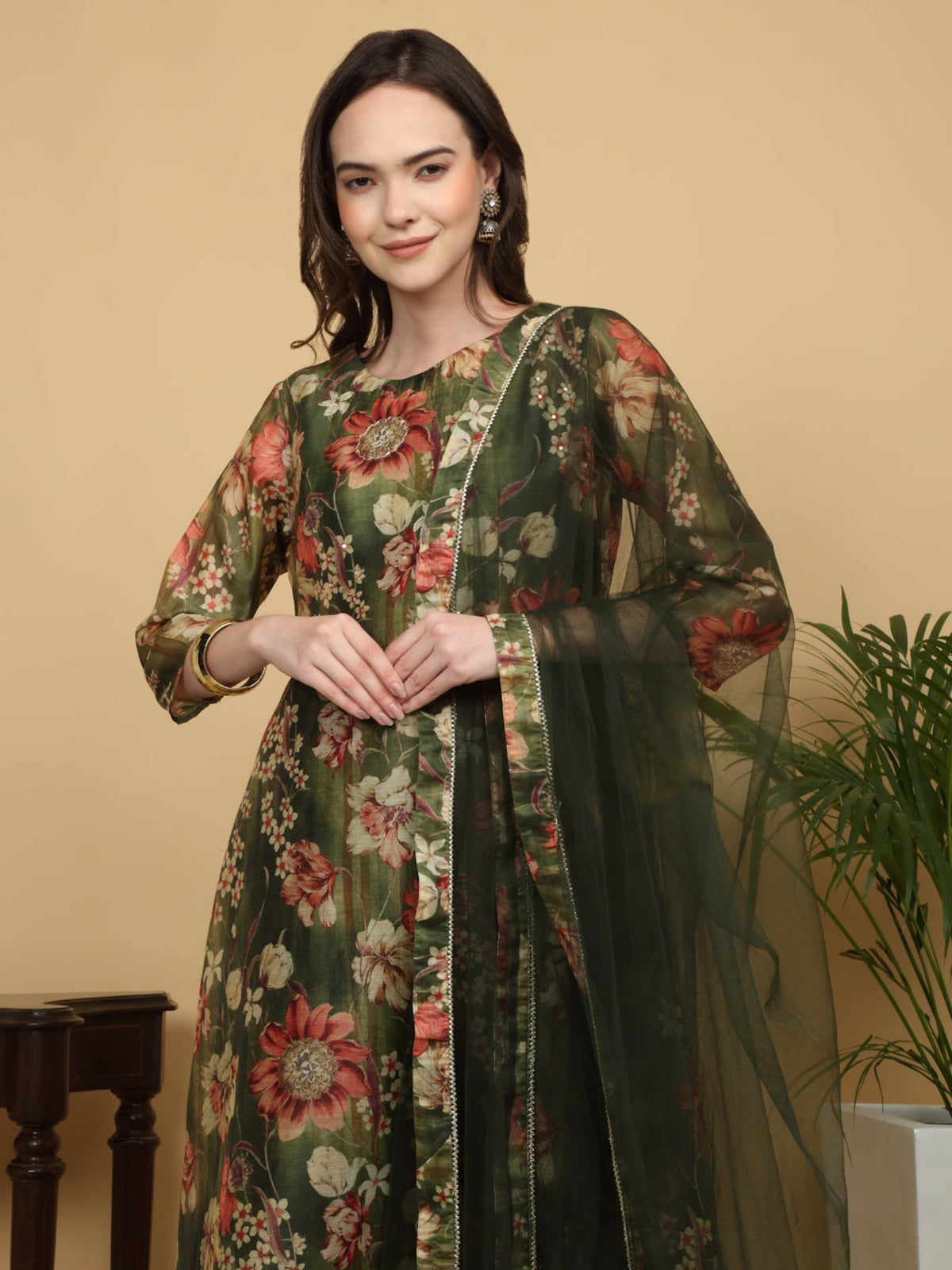 Rangvastra Green Floral Print Ankle Length Kurta Set with Dupatta