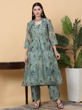 Rangvastra Grey Floral Print Cotton Chanderi Kurta Pant Set