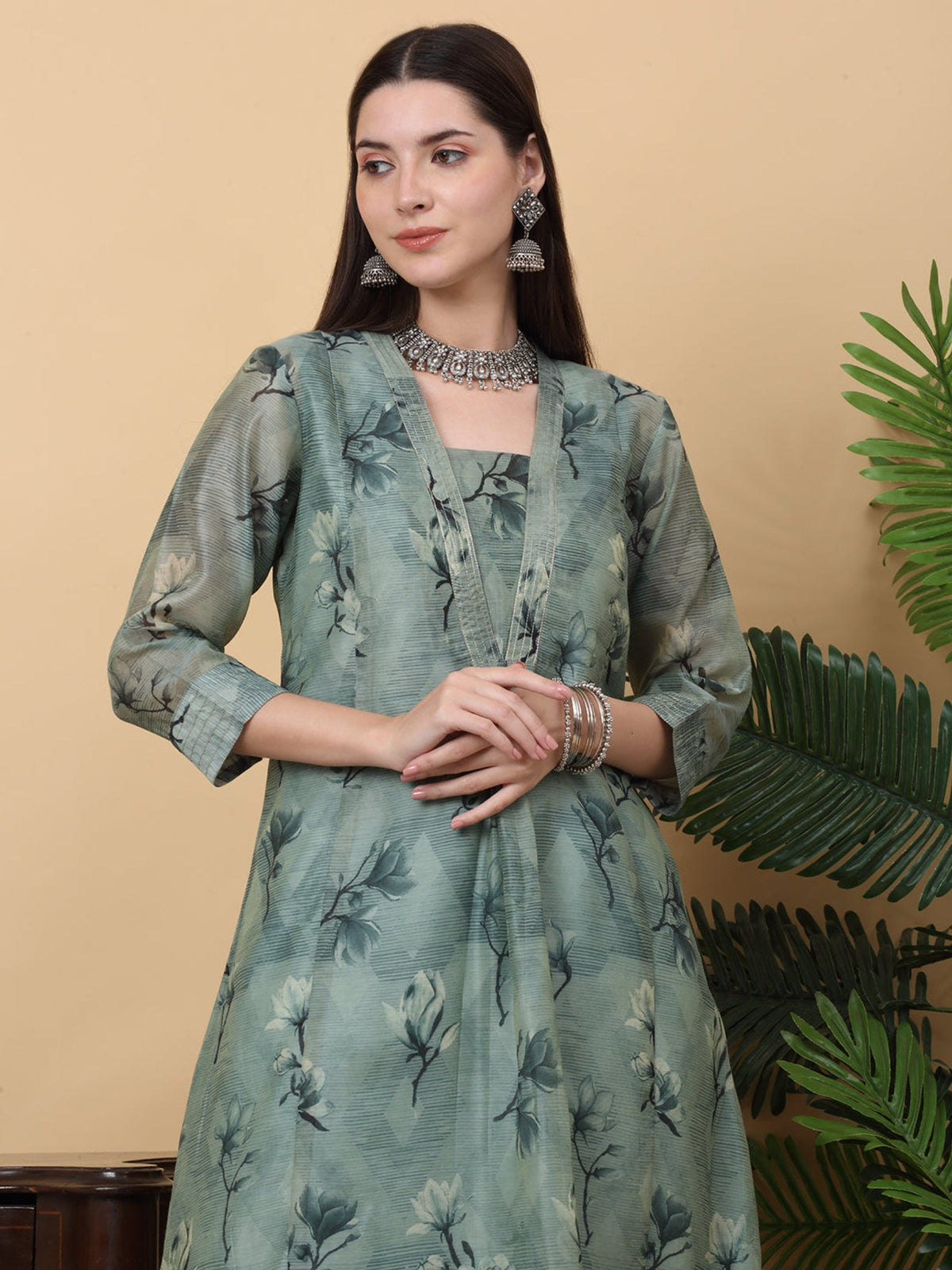 Rangvastra Grey Floral Print Cotton Chanderi Kurta Pant Set