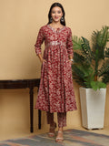 Rangvastra Maroon & Blue Naira Cut Rayon Foil Kurta Pant Set