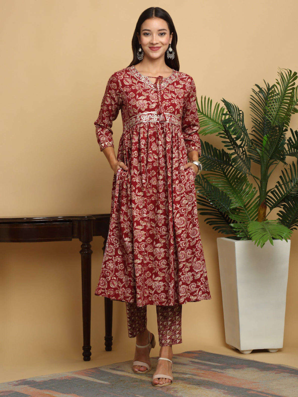 Rangvastra Maroon & Blue Naira Cut Rayon Foil Kurta Pant Set