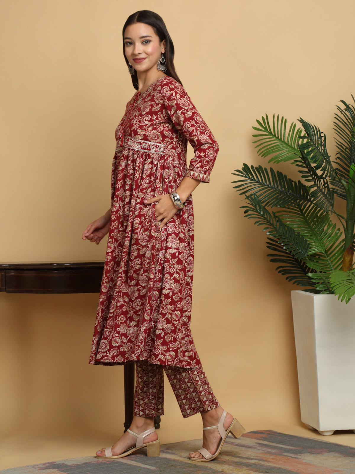 Rangvastra Maroon & Blue Naira Cut Rayon Foil Kurta Pant Set