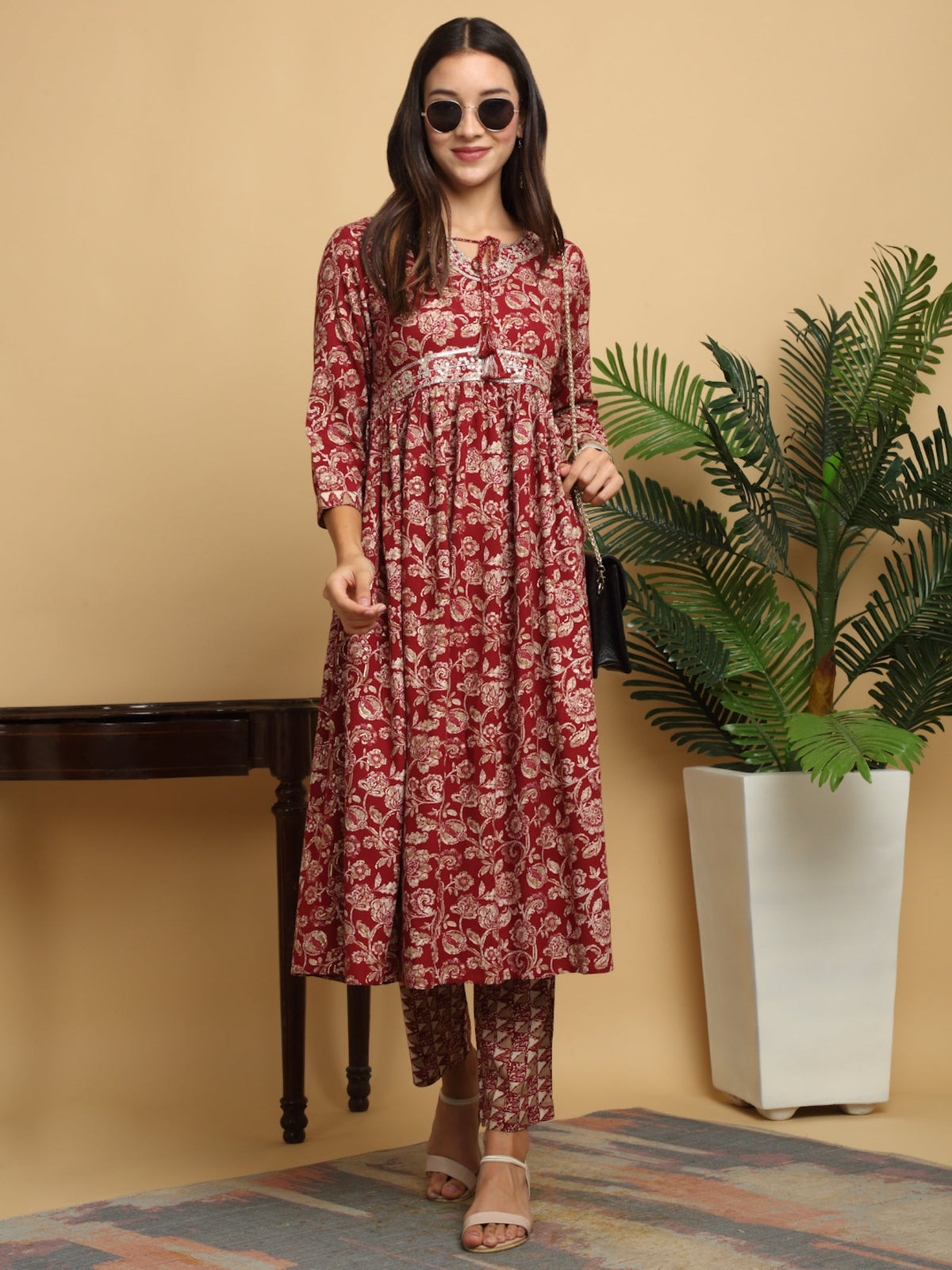 Rangvastra Maroon & Blue Naira Cut Rayon Foil Kurta Pant Set