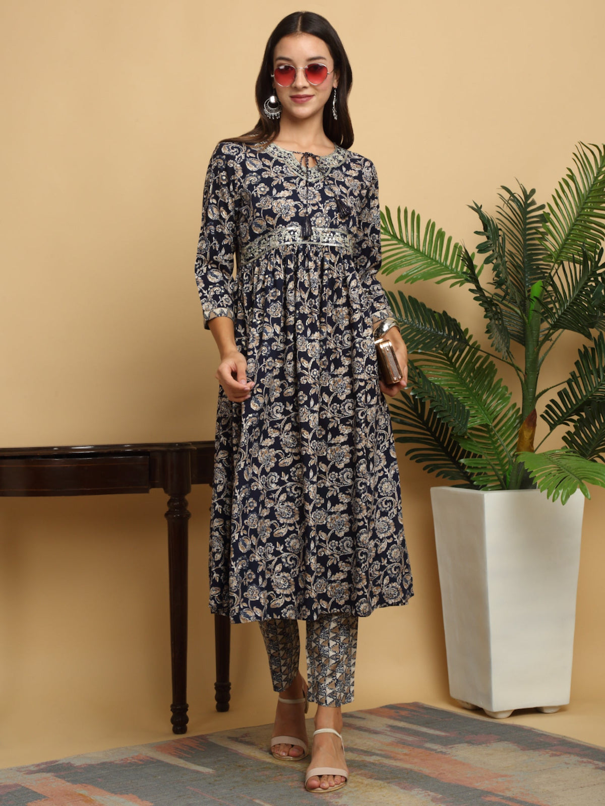 Rangvastra Maroon & Blue Naira Cut Rayon Foil Kurta Pant Set