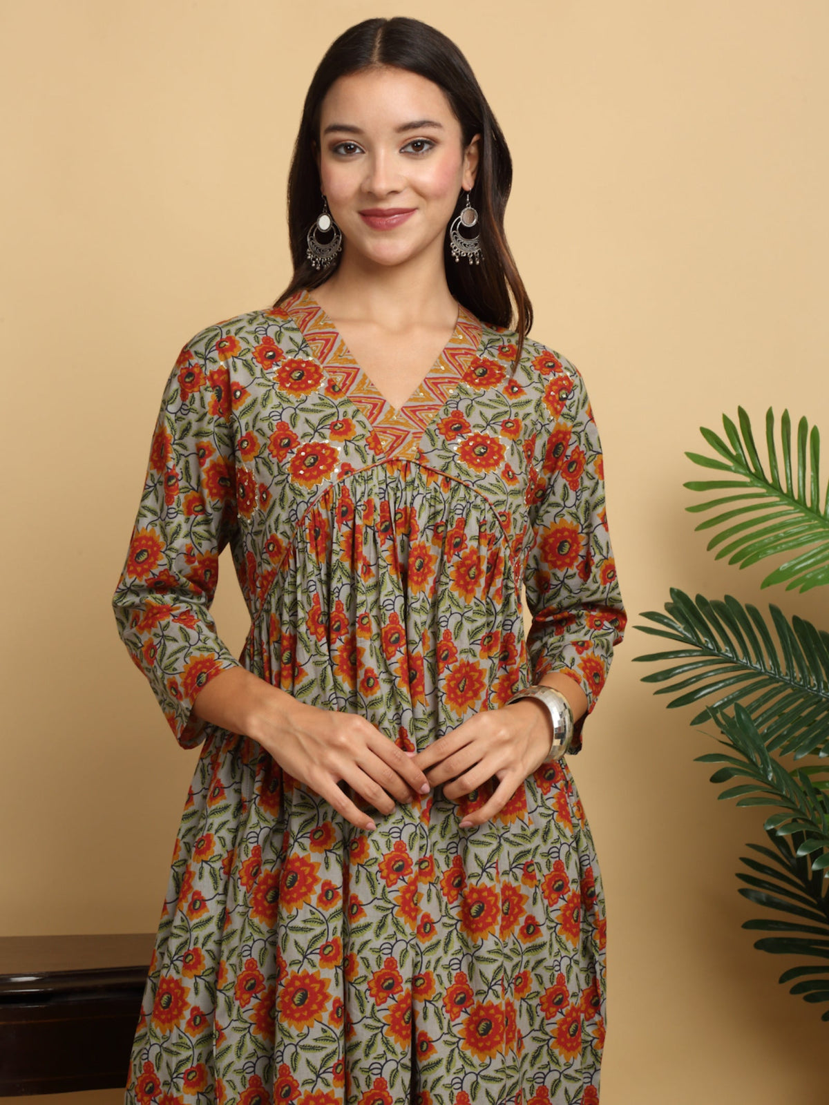 Rangvastra Green Floral Print Cotton Kurta Pant Set with Sequins