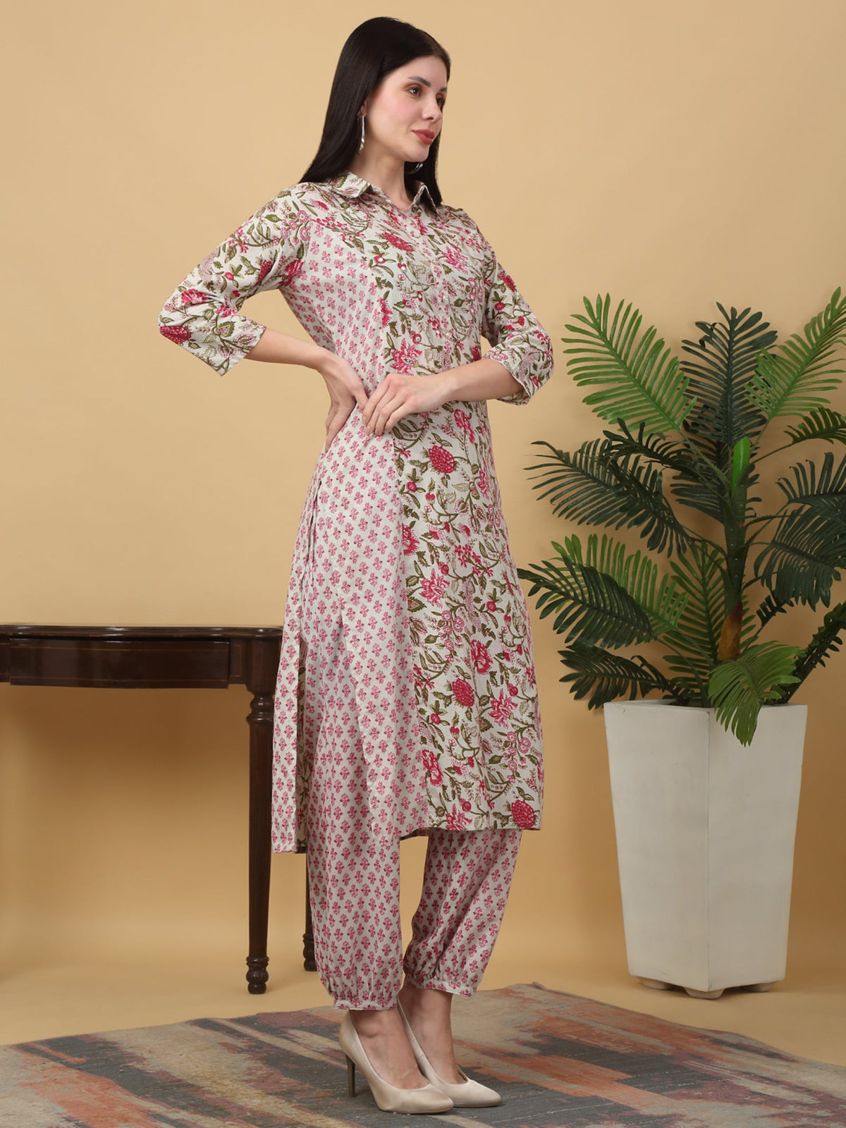 Rangvastra  Beige Floral Print Cotton Kurta Pant Set with Mirror Work