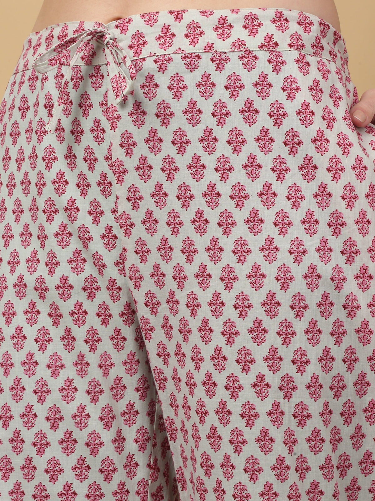 Rangvastra  Beige Floral Print Cotton Kurta Pant Set with Mirror Work