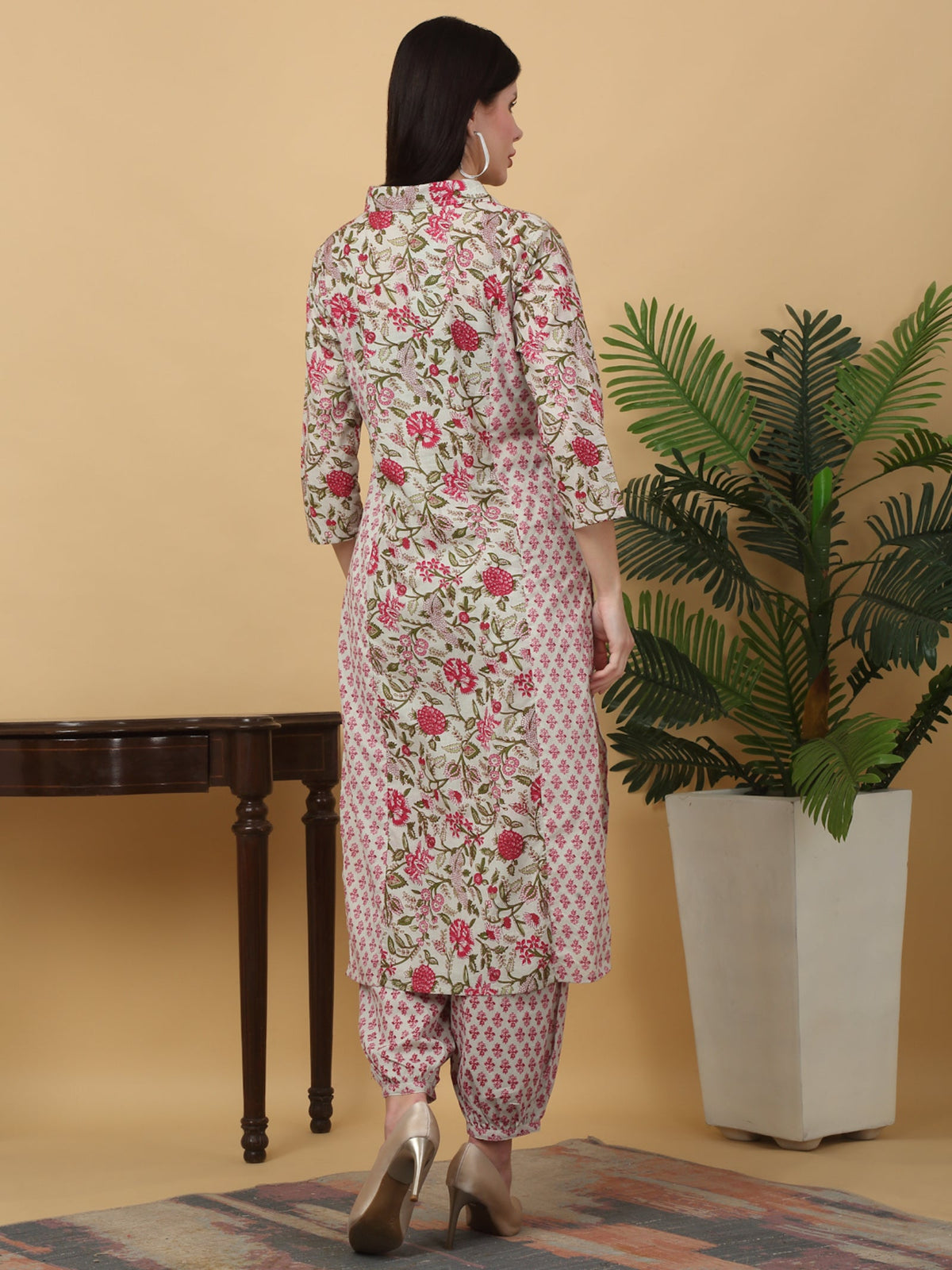 Rangvastra  Beige Floral Print Cotton Kurta Pant Set with Mirror Work