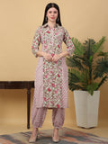 Rangvastra  Beige Floral Print Cotton Kurta Pant Set with Mirror Work