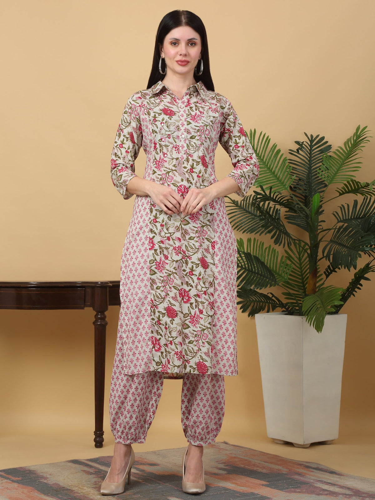 Rangvastra  Beige Floral Print Cotton Kurta Pant Set with Mirror Work
