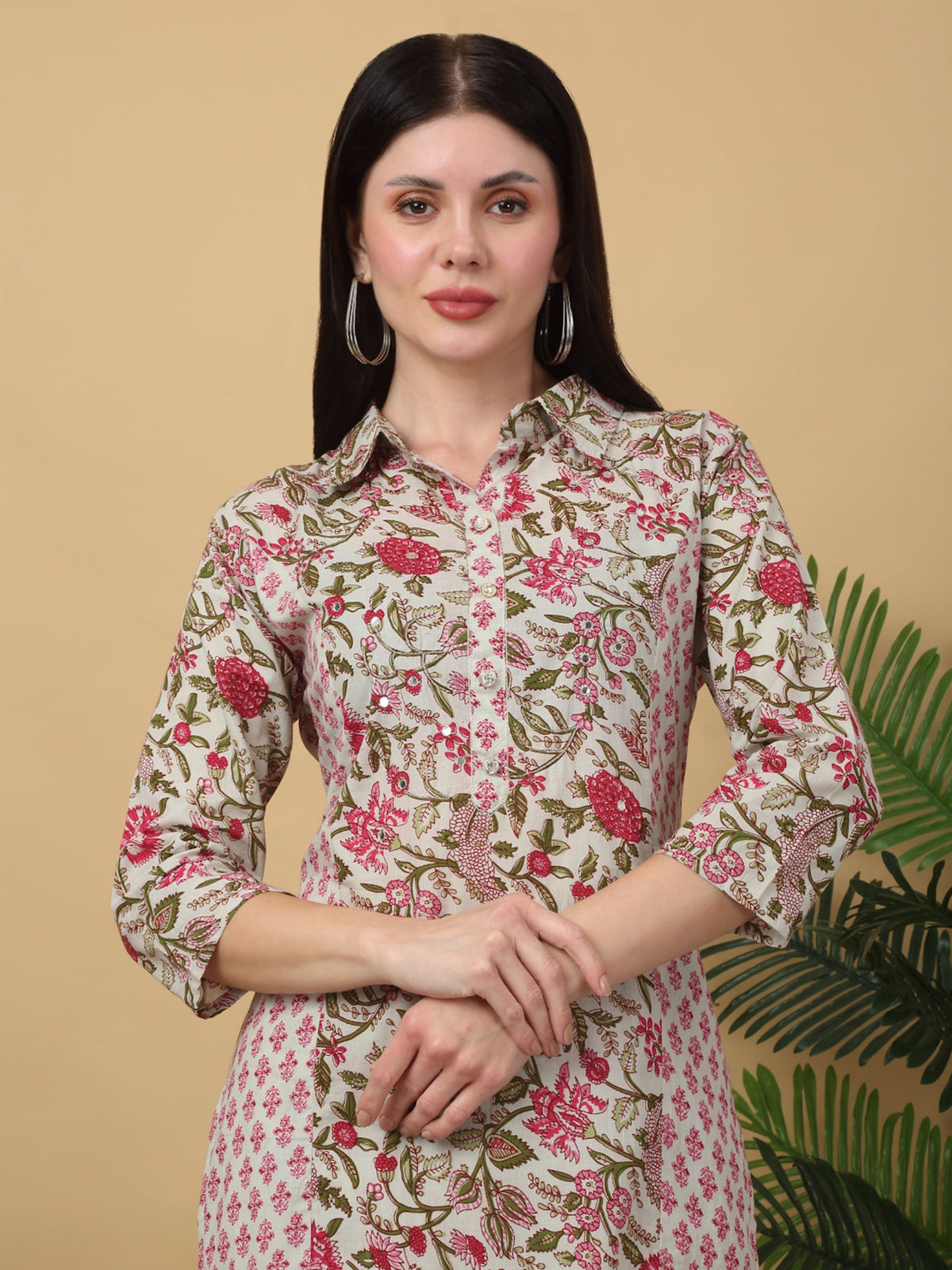 Rangvastra  Beige Floral Print Cotton Kurta Pant Set with Mirror Work
