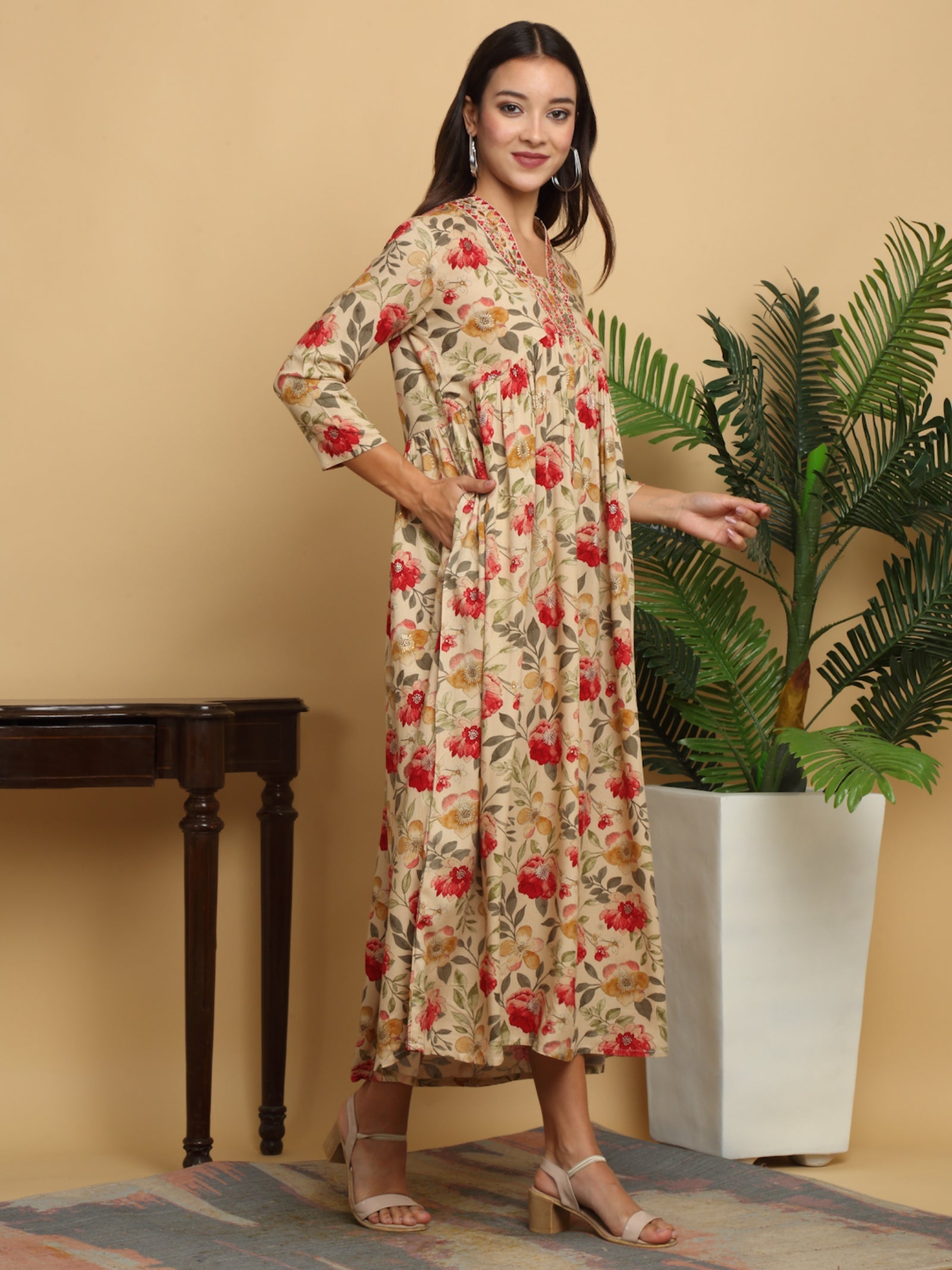 Maluka Women’s Beige Alia Cut Floral Rayon Gown with Sequins & Mirror Work