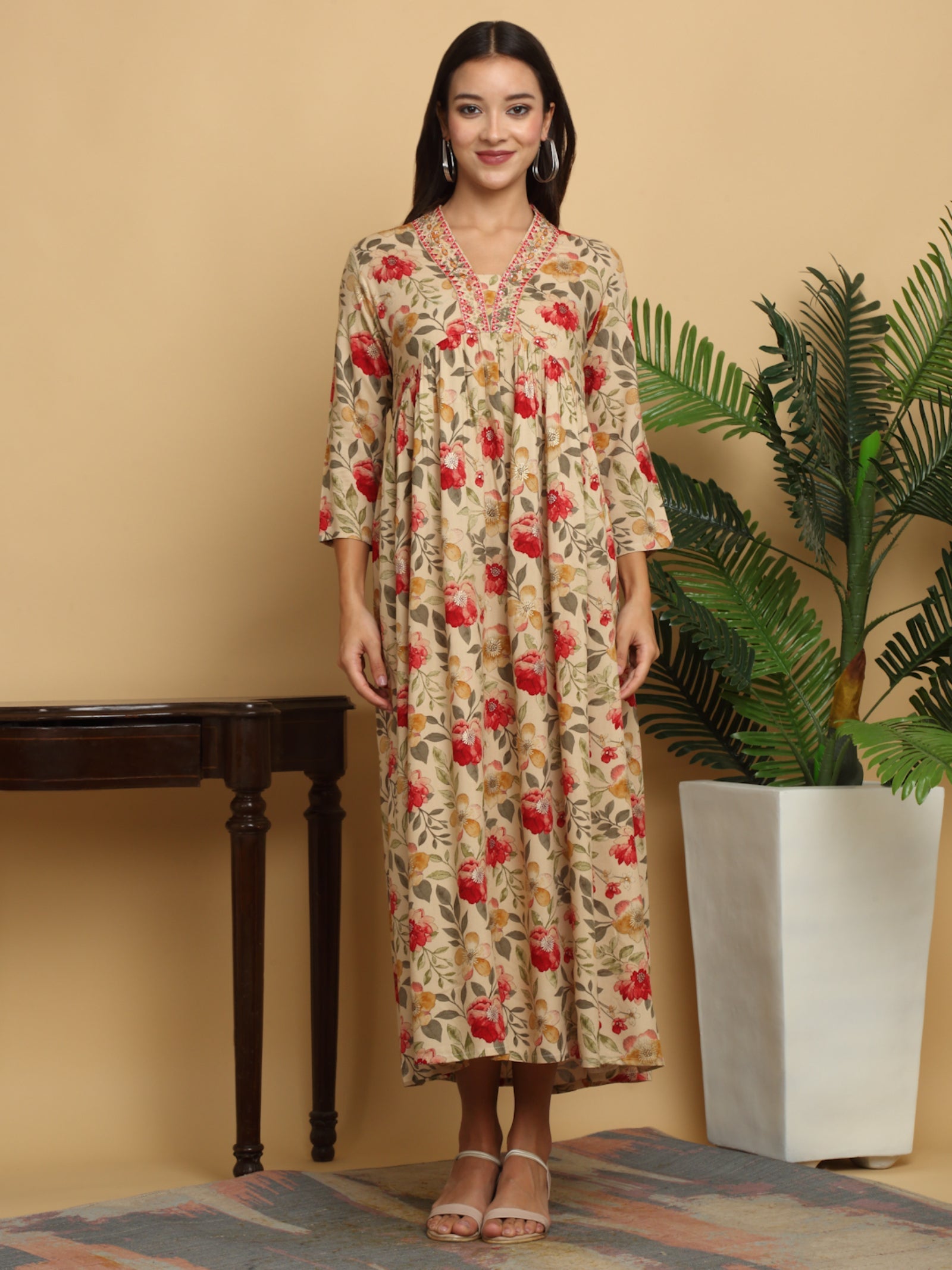 Maluka Women’s Beige Alia Cut Floral Rayon Gown with Sequins & Mirror Work