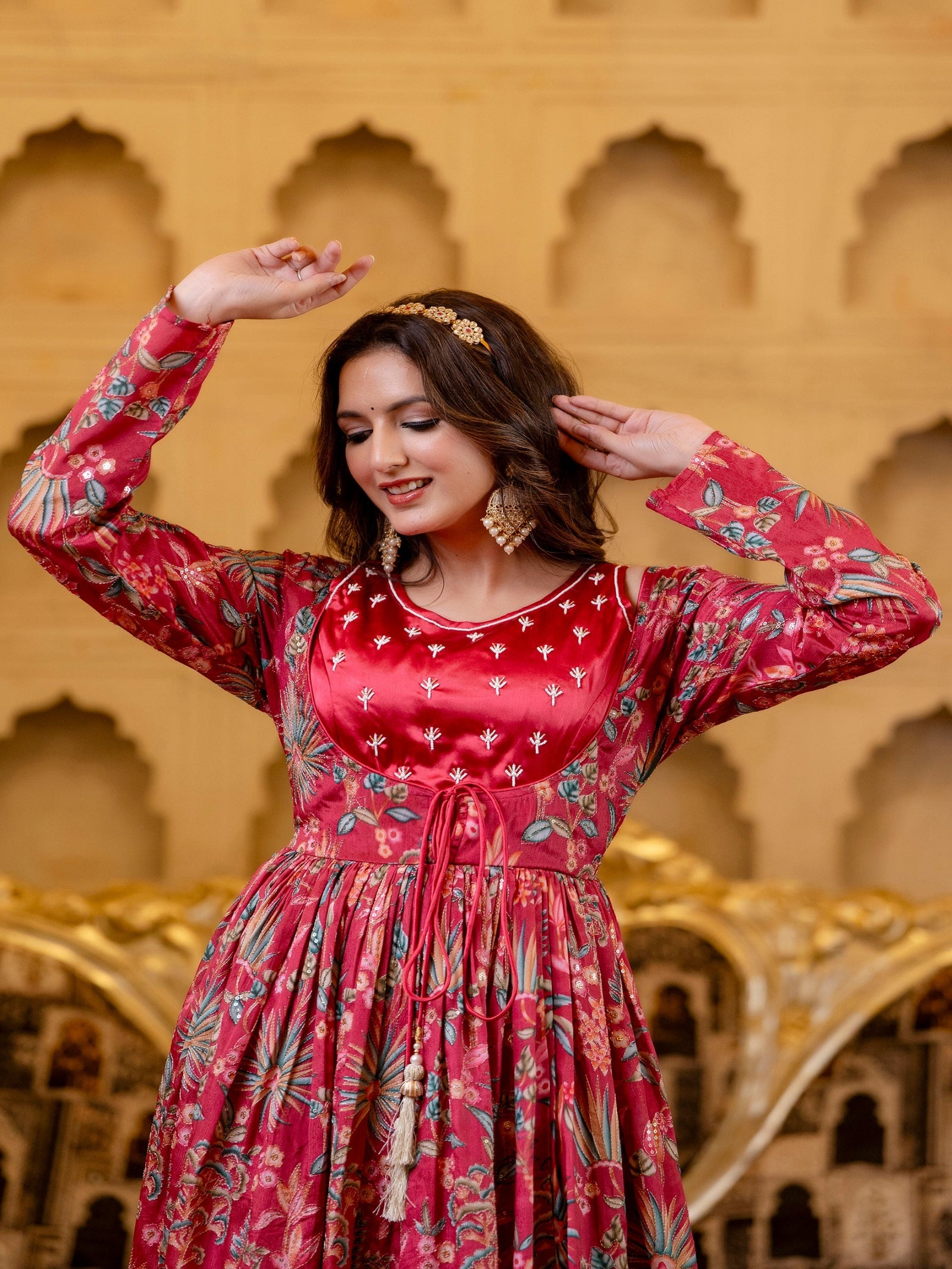 Maluka Women Red Chinon Emb. Floral Printed Dress Set