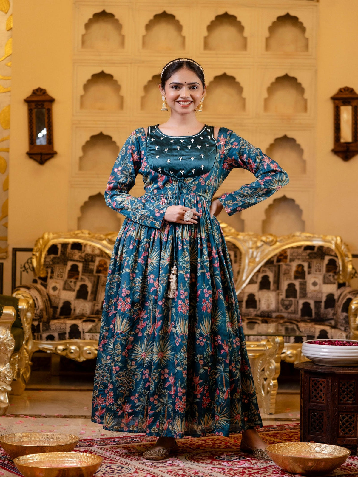 Rangvastra Blue Chinon Emb. Floral Printed Dress Set