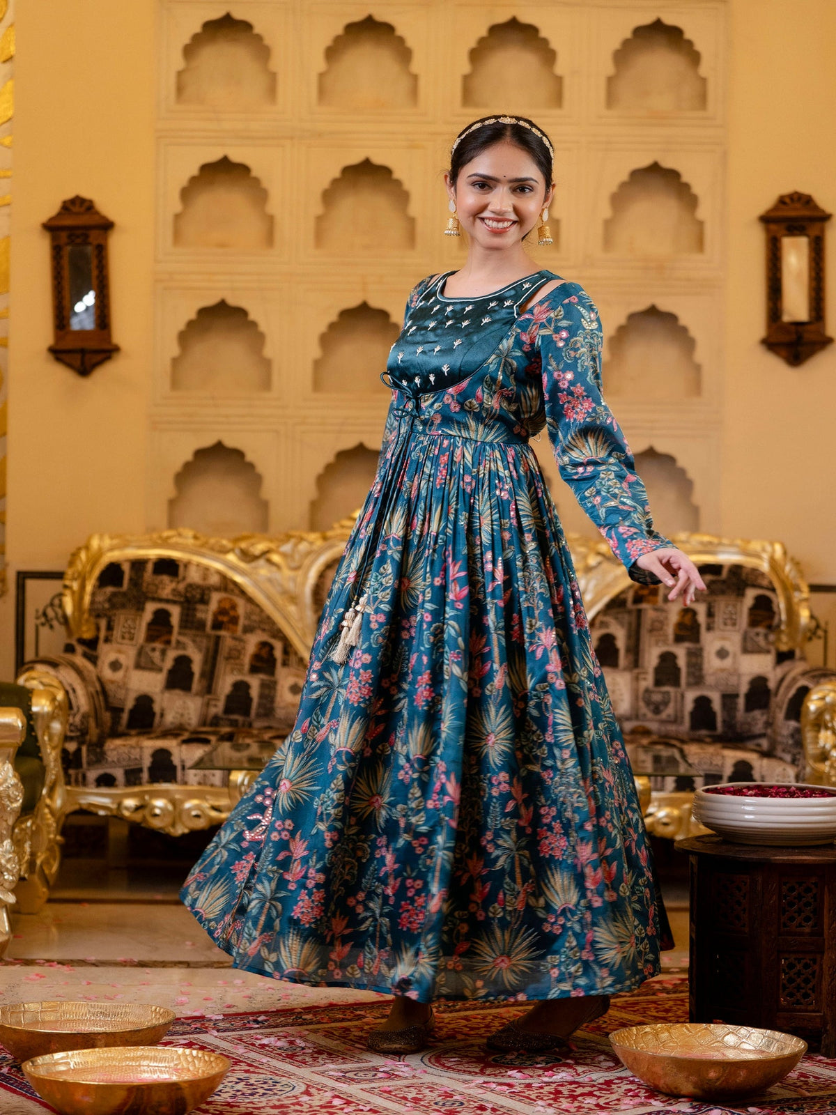 Rangvastra Blue Chinon Emb. Floral Printed Dress Set
