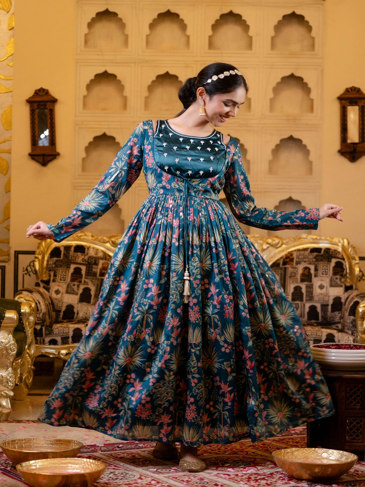 Rangvastra Blue Chinon Emb. Floral Printed Dress Set