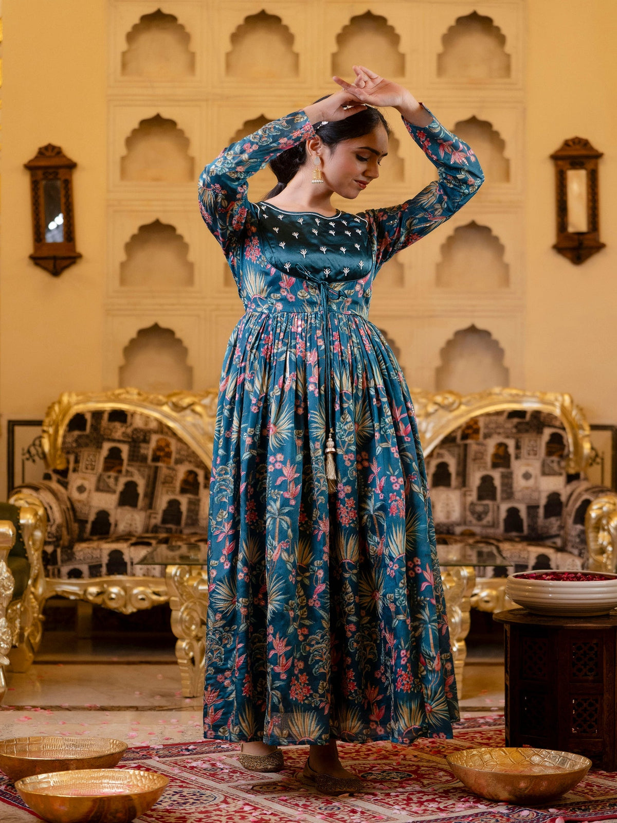 Rangvastra Blue Chinon Emb. Floral Printed Dress Set