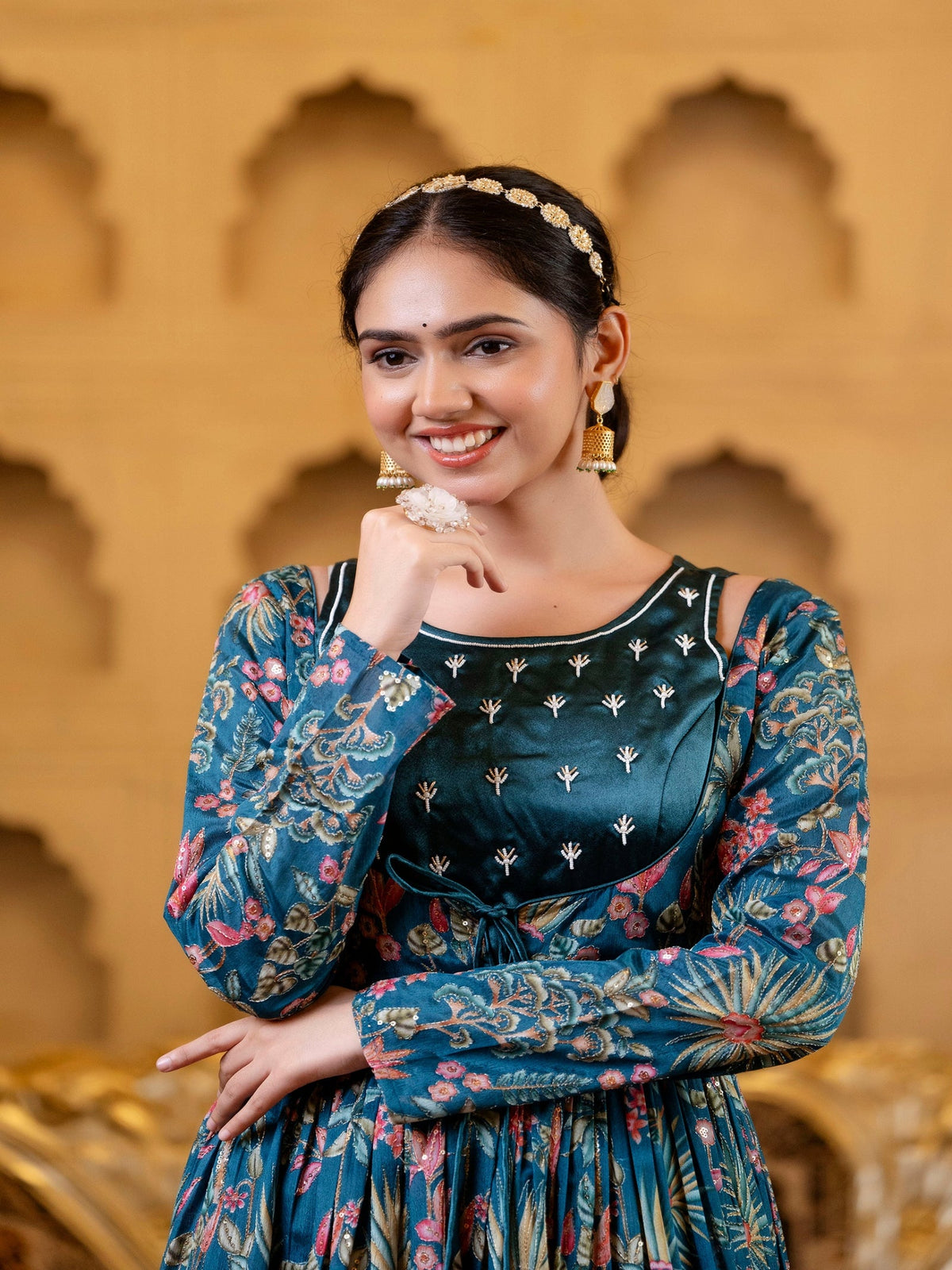 Rangvastra Blue Chinon Emb. Floral Printed Dress Set