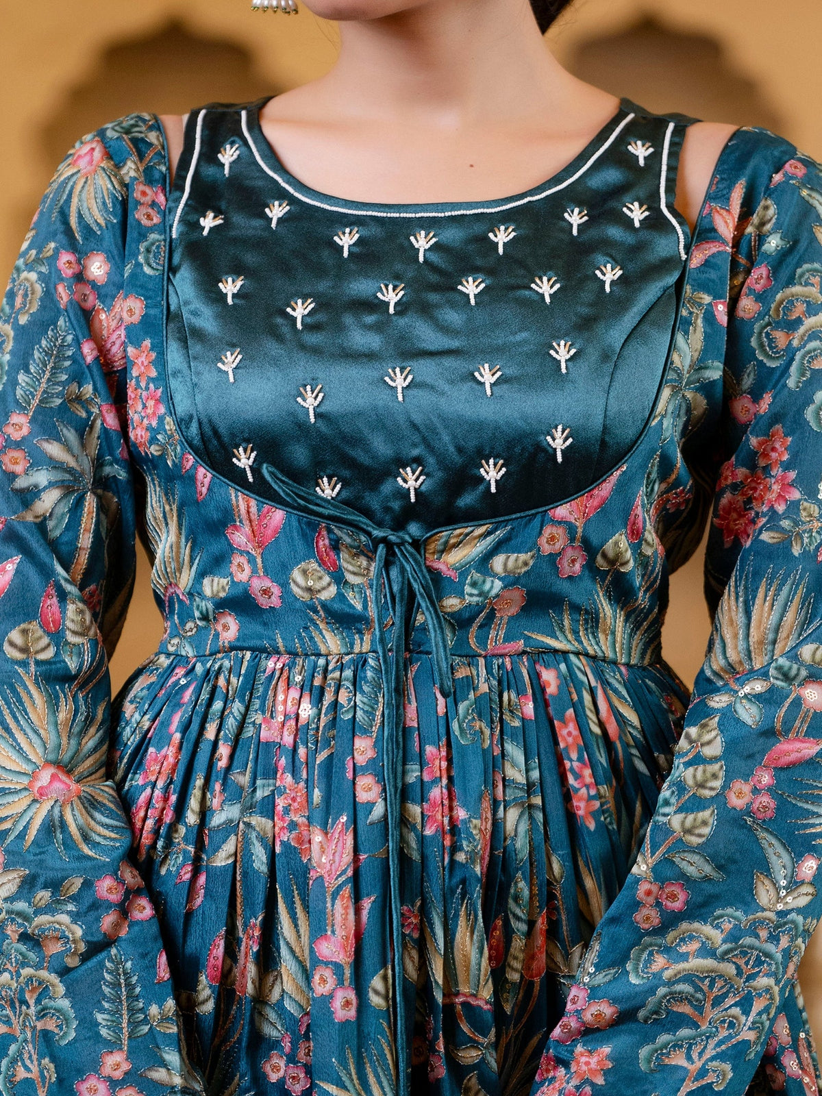 Rangvastra Blue Chinon Emb. Floral Printed Dress Set