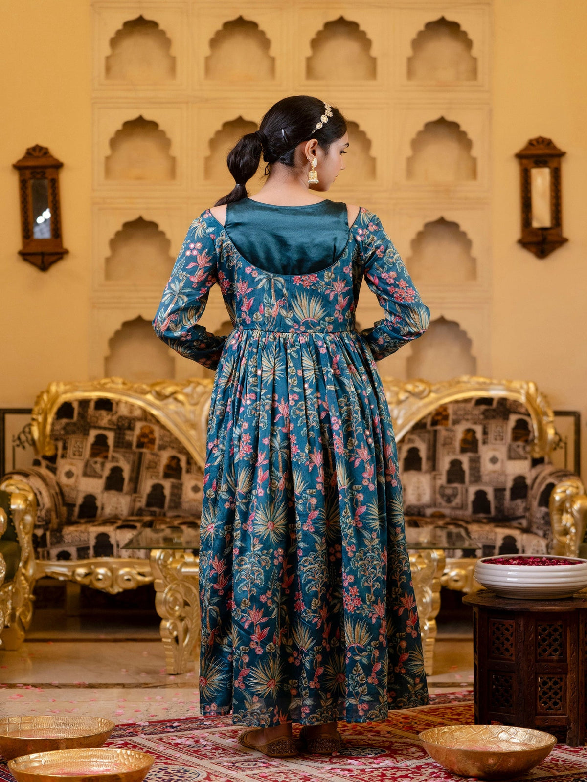 Rangvastra Blue Chinon Emb. Floral Printed Dress Set