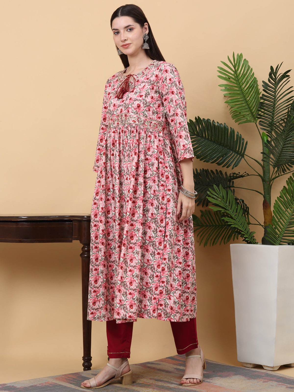 Rangvastra  Pink & Green Floral Print Rayon Kurta Pant Set