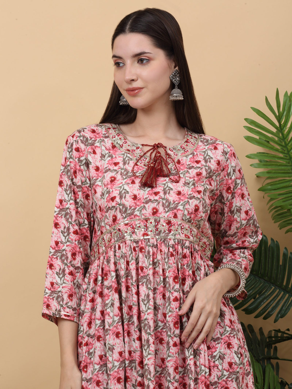 Rangvastra  Pink & Green Floral Print Rayon Kurta Pant Set