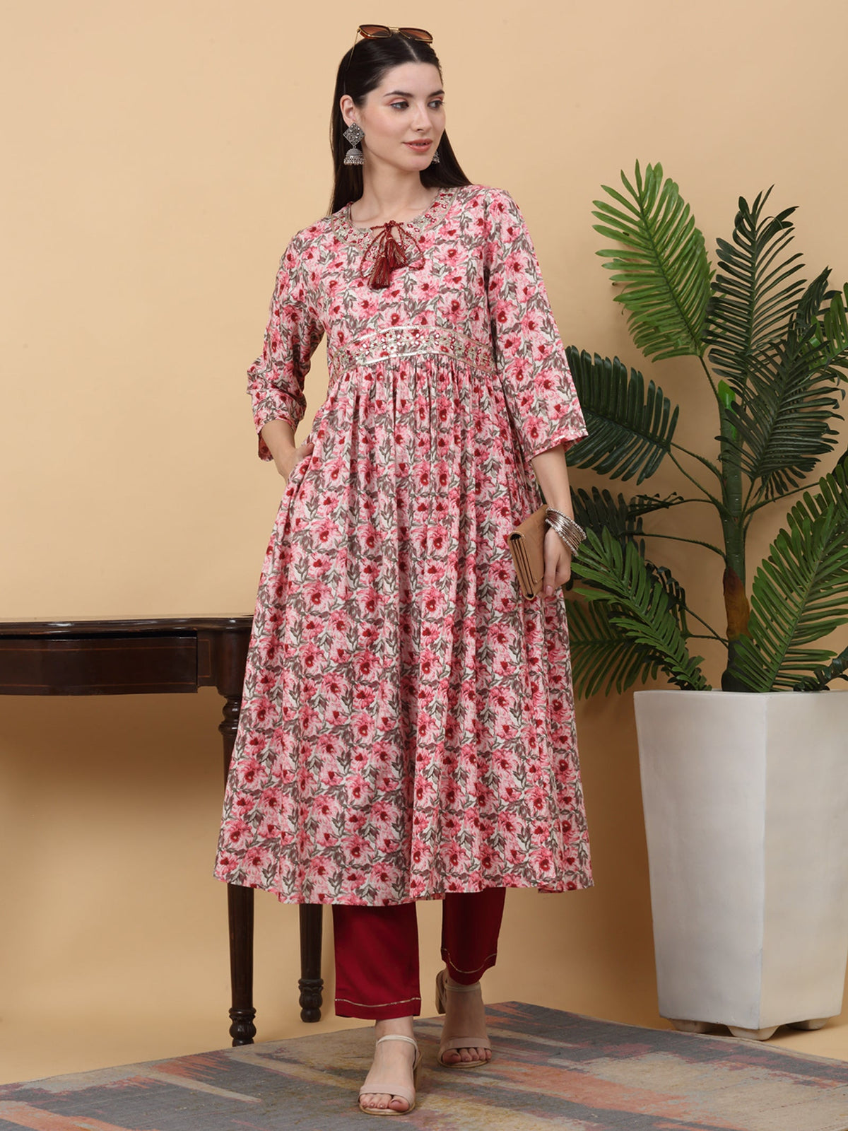 Rangvastra  Pink & Green Floral Print Rayon Kurta Pant Set