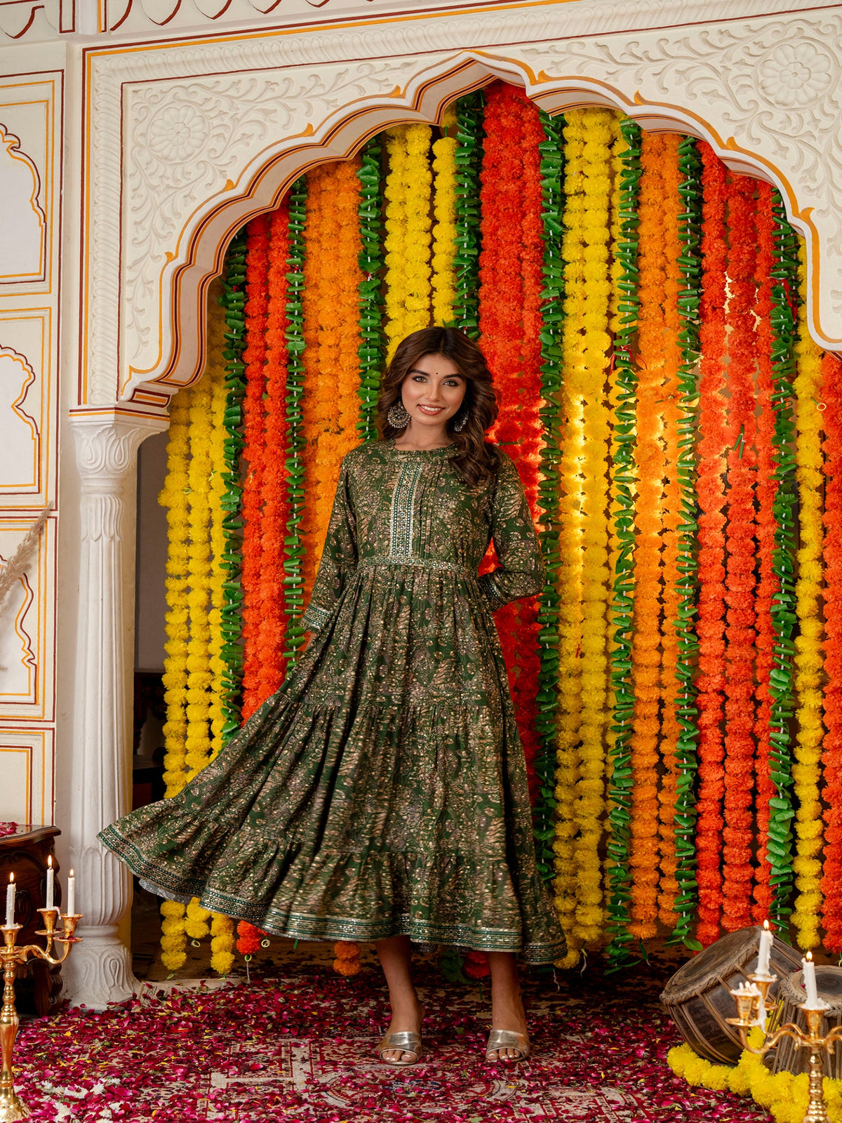 Rangvastra Green & Red Ethnic Motif Rayon Foil Anarkali Gown
