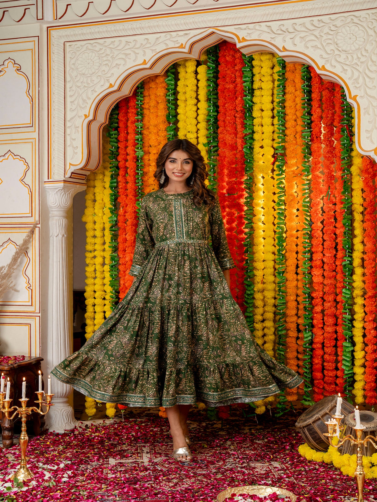 Rangvastra Green & Red Ethnic Motif Rayon Foil Anarkali Gown