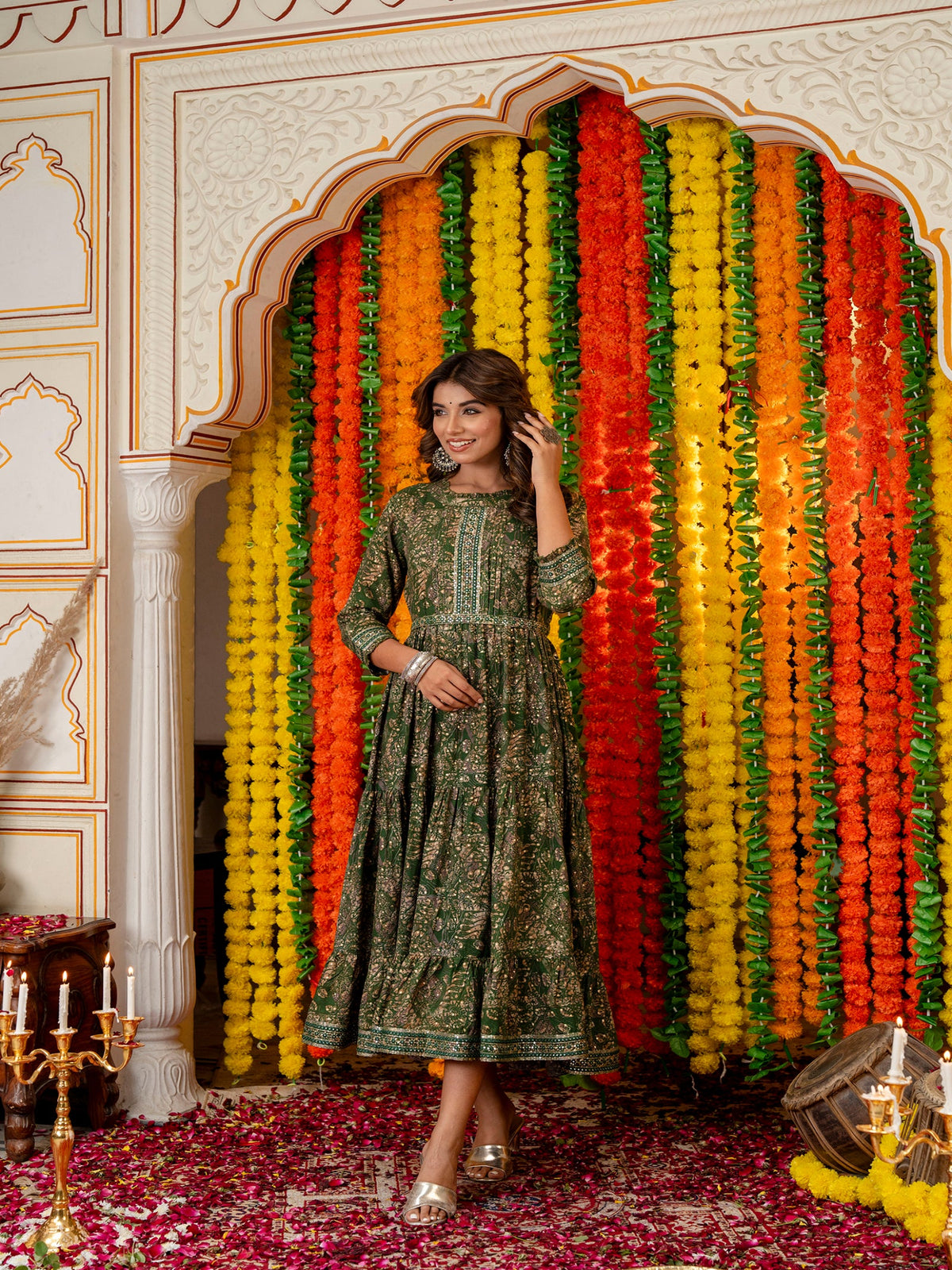 Rangvastra Green & Red Ethnic Motif Rayon Foil Anarkali Gown