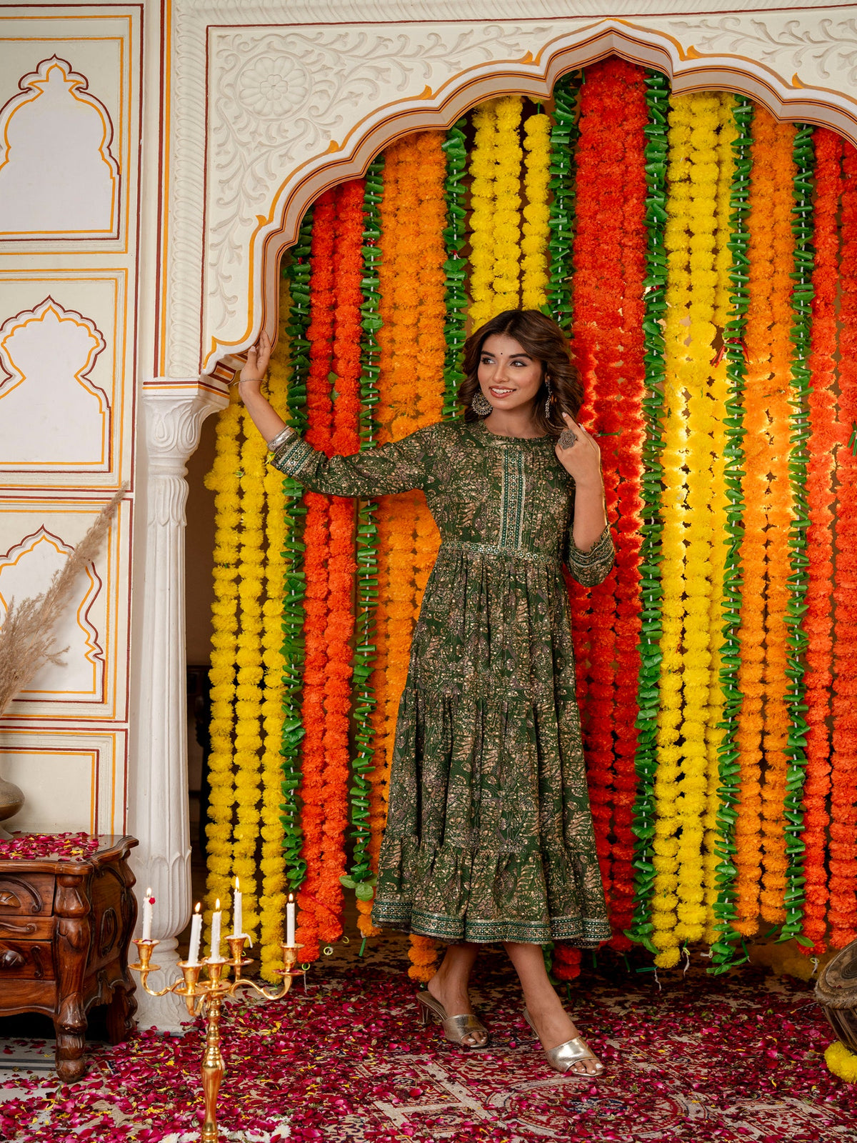 Rangvastra Green & Red Ethnic Motif Rayon Foil Anarkali Gown
