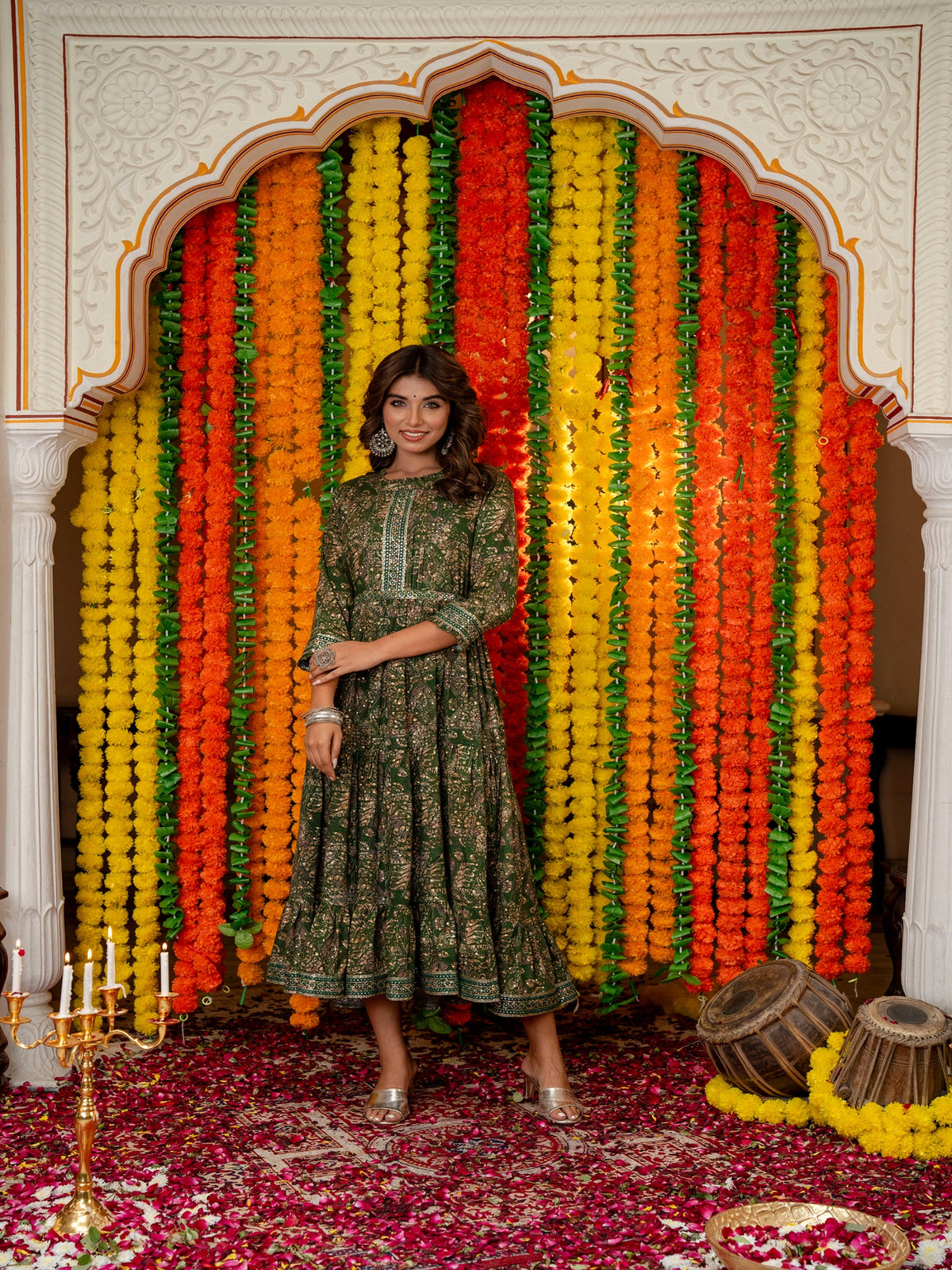 Rangvastra Green & Red Ethnic Motif Rayon Foil Anarkali Gown